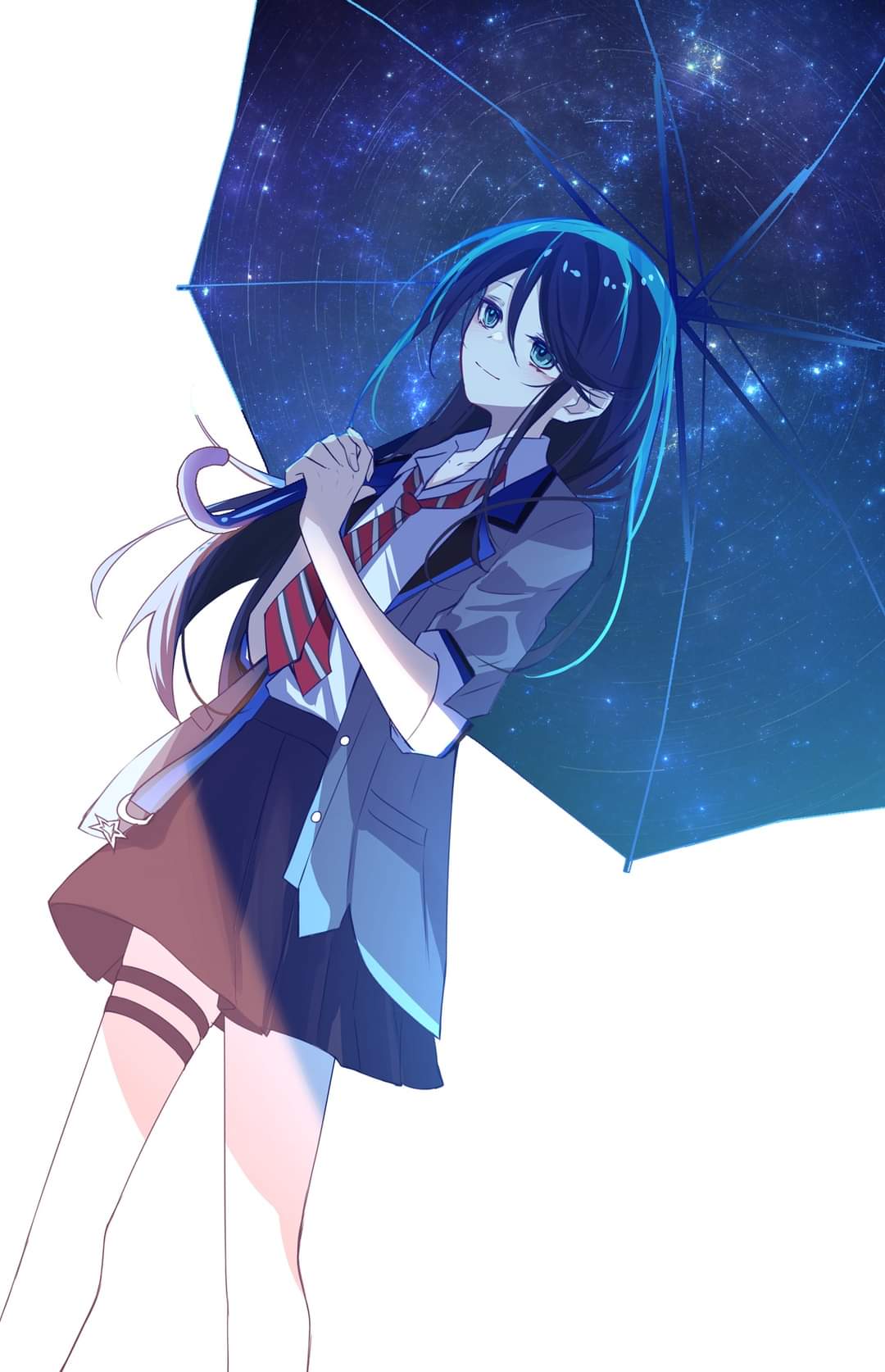 1girl, black_hair, black_skirt, blue_eyes, closed_mouth, collared_shirt, cowboy_shot, double_exposure, dutch_angle, feet_out_of_frame, galaxy, grey_jacket, high-waist_skirt, highres, holding, holding_umbrella, hoshino_ichika_(project_sekai), jacket, legs_apart, long_exposure, long_hair, long_sleeves, looking_ahead, miniskirt, necktie, open_clothes, open_collar, open_jacket, own_hands_clasped, own_hands_together, pleated_skirt, project_sekai, red_necktie, ritzchrono, shirt, shirt_tucked_in, sidelocks, simple_background, skirt, smile, solo, space, star_trail, straight_hair, umbrella, white_background, white_shirt
