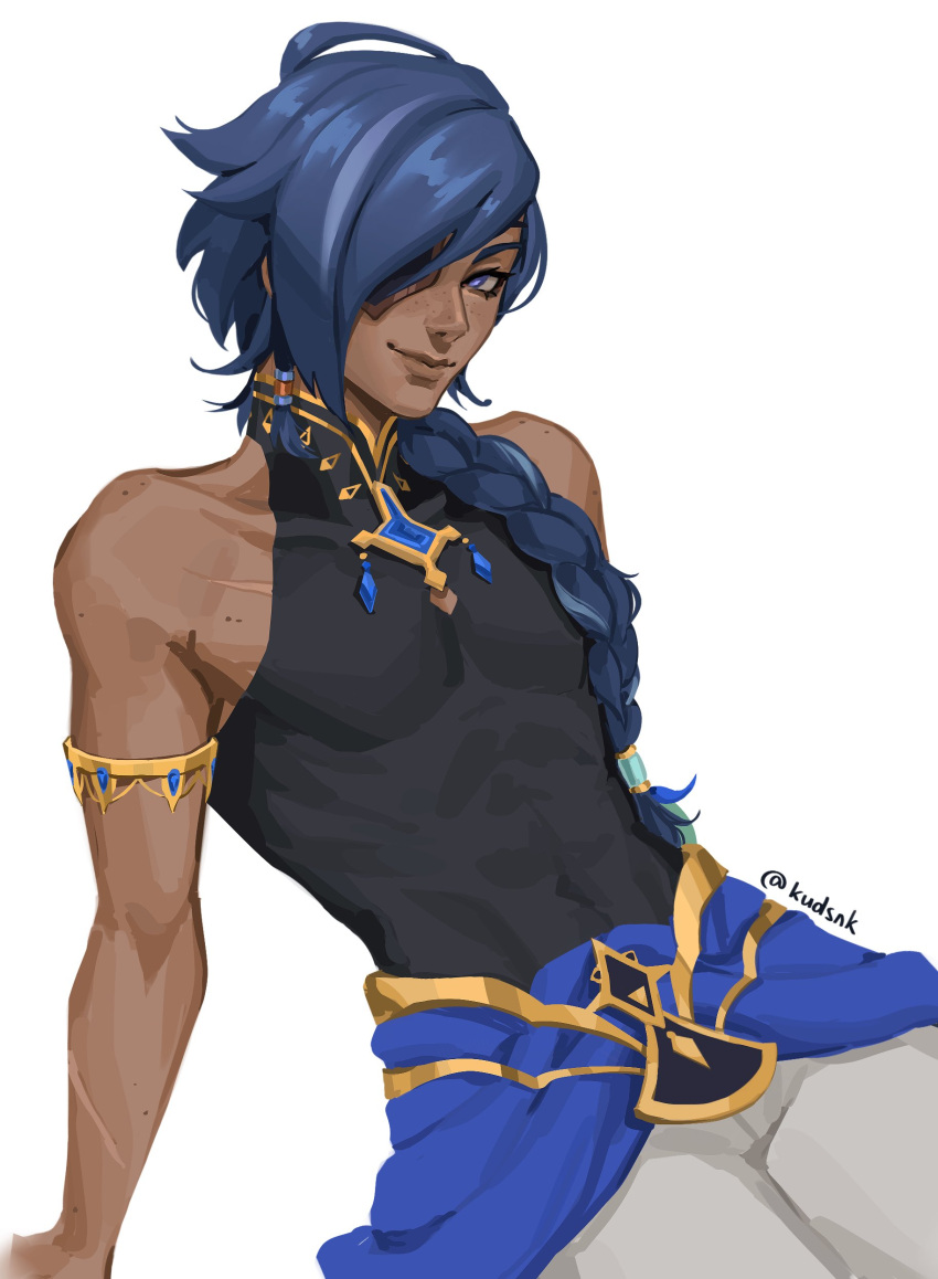 1boy, abs, absurdres, alternate_costume, bare_shoulders, black_shirt, blue_eyes, blue_hair