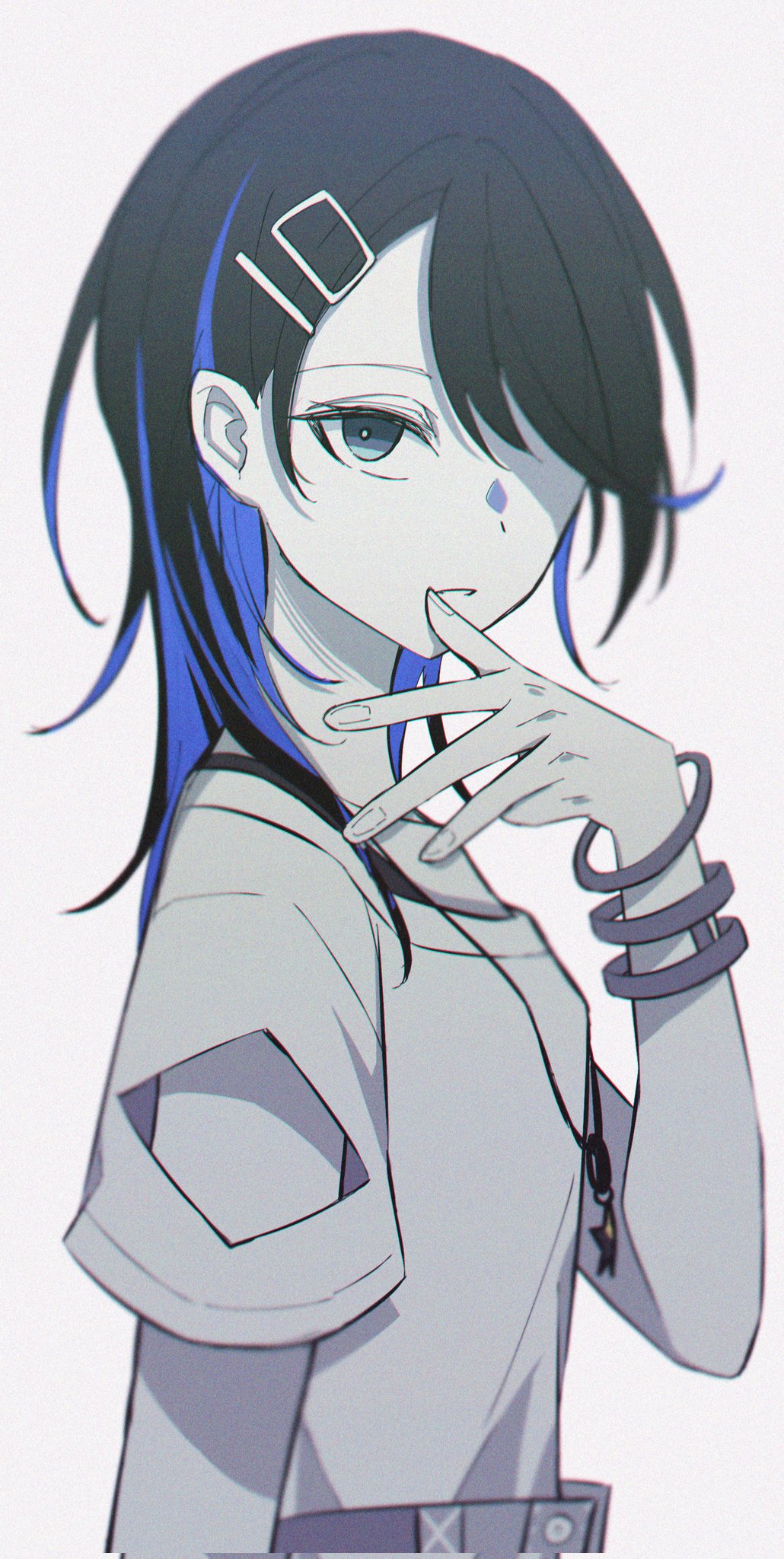 1girl, arm_cutout, blue_eyes, blue_hair, collarbone, from_side, greyscale, hair_over_one_eye
