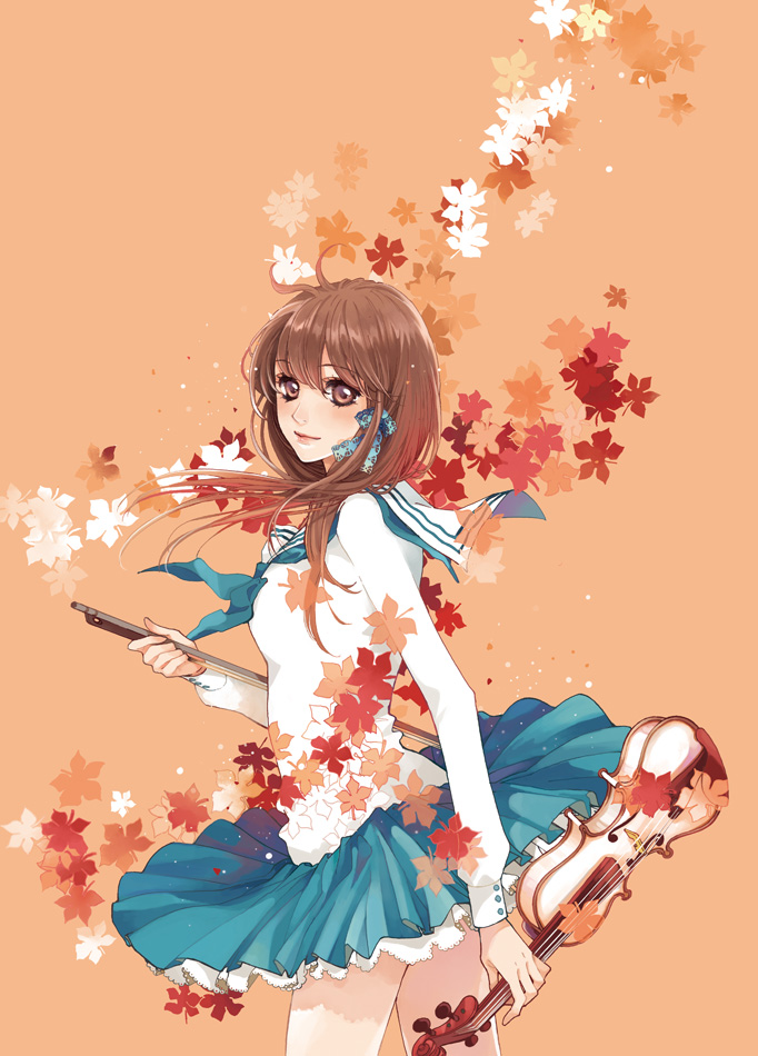 brown_eyes, brown_hair, instrument, leaf, long_hair, school_uniform, tung&amp;daisy, violin, wind_lift