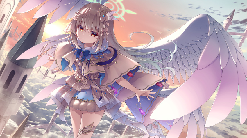 1girl, :o, blue_bow, blue_dress, bow, brown_hair, capelet, character_request, clouds, commentary_request, dress, feather_hair_ornament, feathered_wings, feathers, gradient_hair, grey_hair, hair_between_eyes, hair_ornament, highres, long_hair, looking_at_viewer, multicolored_hair, orphans_order, outdoors, parted_lips, red_eyes, sky, solo, sunset, tower, very_long_hair, white_capelet, white_feathers, white_wings, wings, yuku_(kiollion)