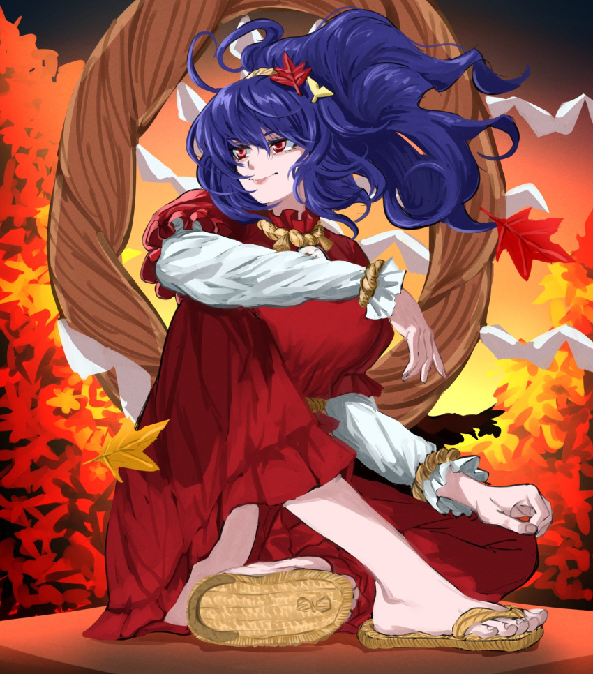 1girl, alinoce716, ankleband, autumn, autumn_leaves, blue_hair, floating_hair, frilled_sleeves, frills, hair_ornament, highres, layered_sleeves, leaf_hair_ornament, long_skirt, long_sleeves, medium_hair, mirror, outdoors, puffy_long_sleeves, puffy_sleeves, red_eyes, red_shirt, red_skirt, rope, sandals, shimenawa, shirt, short_over_long_sleeves, short_sleeves, skirt, solo, touhou, yasaka_kanako