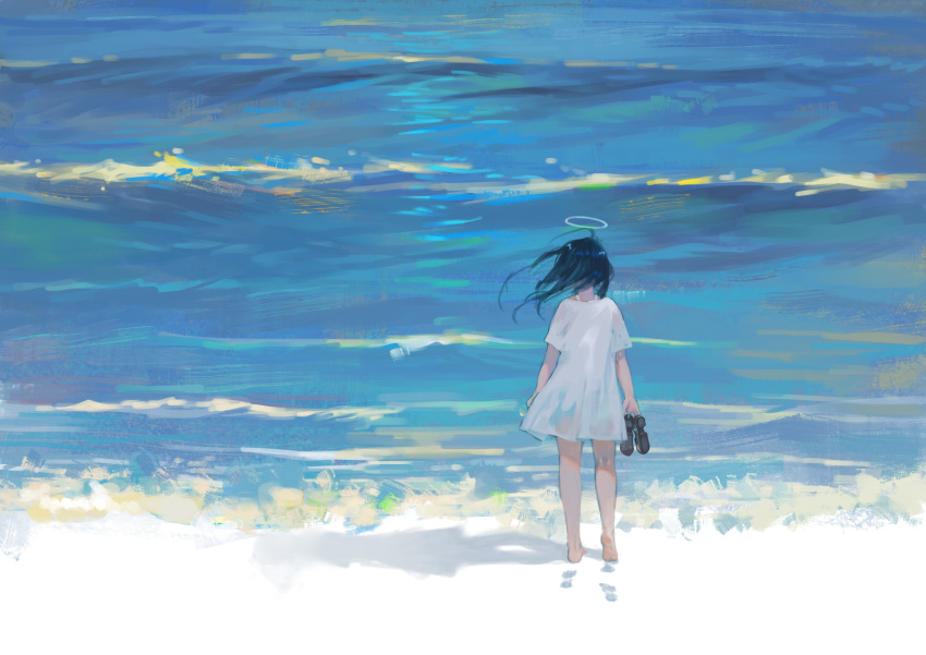 1girl, absurdres, algae_(5455454541), bare_arms, bare_legs, barefoot, beach, black_footwear, black_hair, dress, facing_away, from_behind, full_body, halo, highres, holding, holding_shoes, long_hair, ocean, original, outdoors, shirt, shoes, short_sleeves, solo, standing, t-shirt, unworn_shoes, water, waves, white_dress, white_shirt