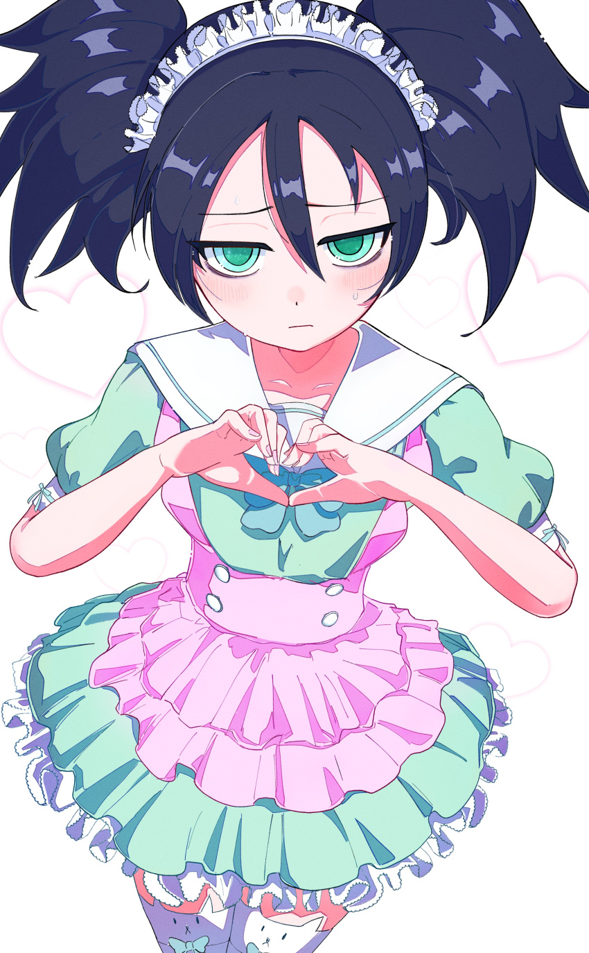 1girl, 5_rebbeccas, absurdres, animal_ear_legwear, apron, bags_under_eyes, black_hair, blue_bow, blue_bowtie, blush, bow, bowtie, cat_ear_legwear, closed_mouth, commentary, dress, frilled_apron, frills, green_dress, green_eyes, green_ribbon, hair_between_eyes, heart, heart_background, heart_hands, highres, kuroki_tomoko, looking_at_viewer, maid, maid_headdress, official_alternate_costume, official_alternate_hairstyle, pink_apron, pleated_dress, puffy_short_sleeves, puffy_sleeves, ribbon, sailor_collar, short_sleeves, sidelocks, simple_background, solo, standing, sweat, thigh-highs, watashi_ga_motenai_no_wa_dou_kangaetemo_omaera_ga_warui!, white_background, white_sailor_collar, white_thighhighs