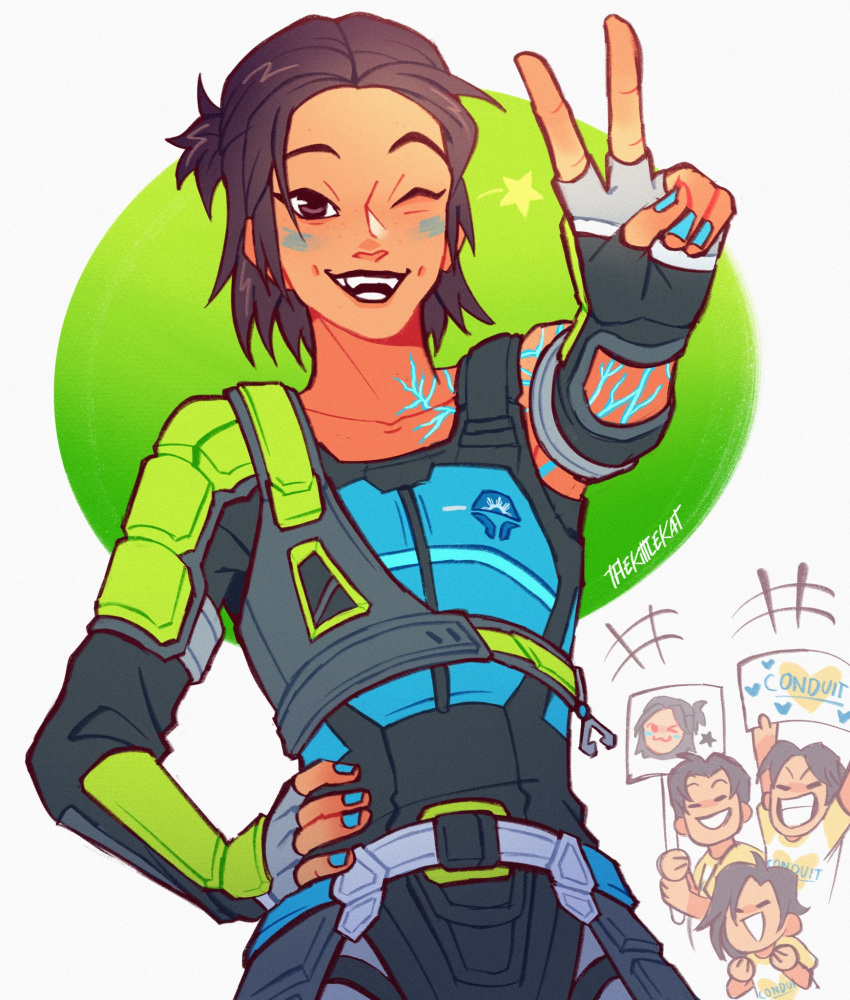 1girl, 3boys, apex_legends, artist_name, black_gloves, black_hair, blue_nails, blue_shirt, brown_eyes, character_name, collarbone, conduit_(apex_legends), dark-skinned_female, dark-skinned_male, dark_skin, electricity, english_commentary, fingerless_gloves, gloves, hand_on_own_hip, highres, holding, holding_sign, looking_at_viewer, multiple_boys, one_eye_closed, shirt, short_hair, sign, smile, solo_focus, thekittlekat, v