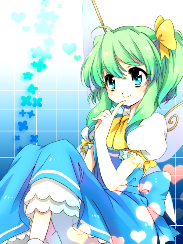 chigo, daiyousei, finger_to_mouth, green_hair, heart, side_ponytail, sitting, smile, solo, touhou, wings