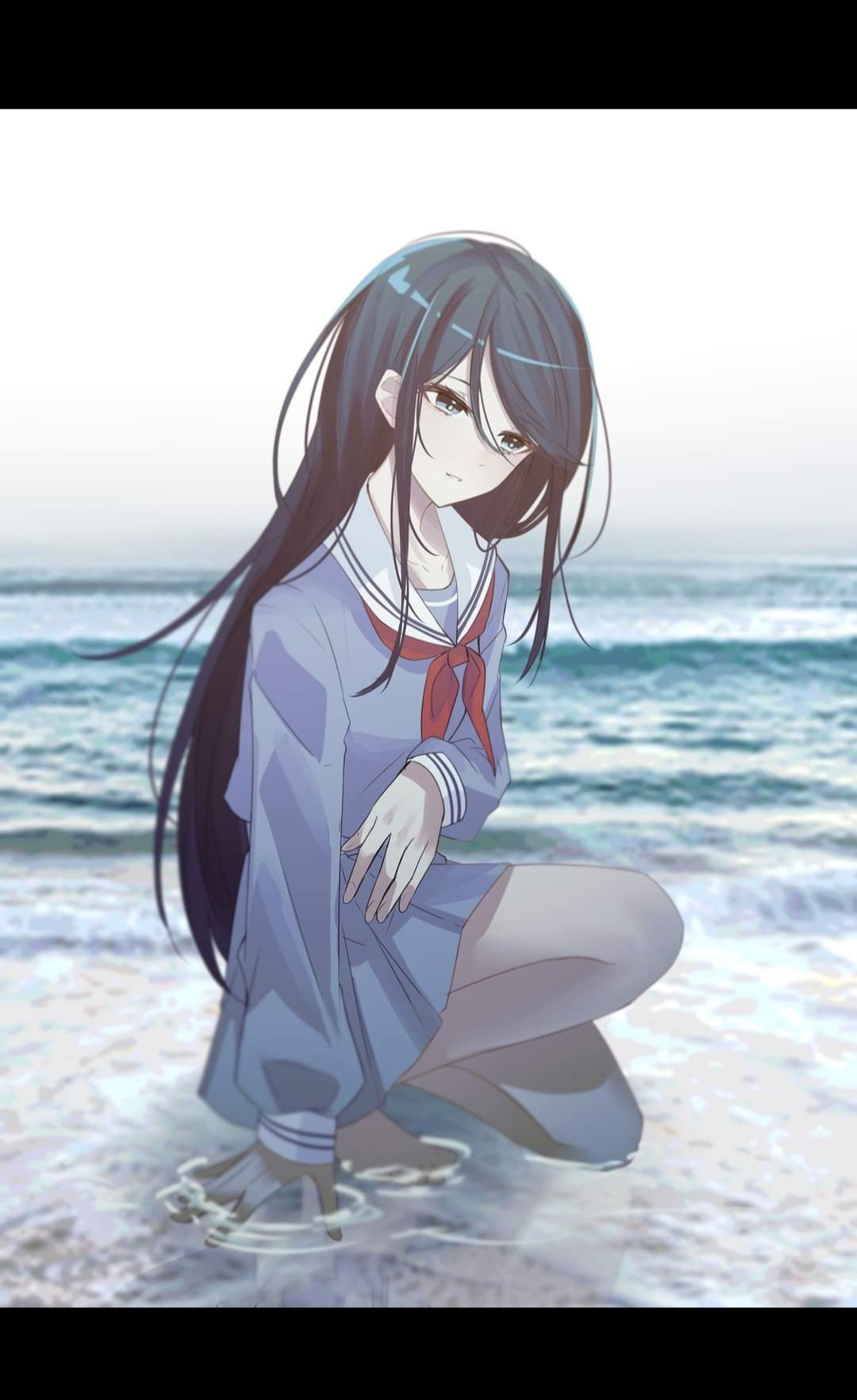 1girl, :d, arm_at_side, bare_legs, barefoot, black_eyes, black_hair, collarbone