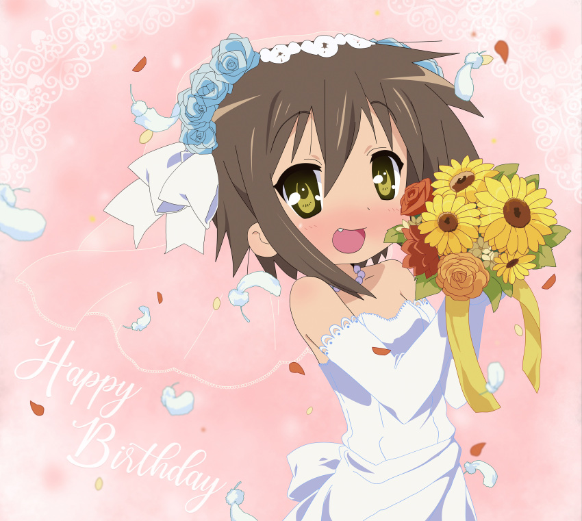 1girl, :d, absurdres, back_bow, bare_shoulders, blush, bouquet, bow, brown_hair, commentary_request, dress, elbow_gloves, english_text, fang, flower, flower_hairband, gloves, hairband, hands_up, happy_birthday, highres, holding, holding_bouquet, jewelry, kusakabe_misao, looking_at_viewer, lucky_star, meatball03, necklace, pearl_necklace, petals, pink_background, smile, solo, strapless, strapless_dress, sunflower, upper_body, wedding_dress, white_bow, white_dress, white_gloves, white_hairband, yellow_eyes, yellow_flower