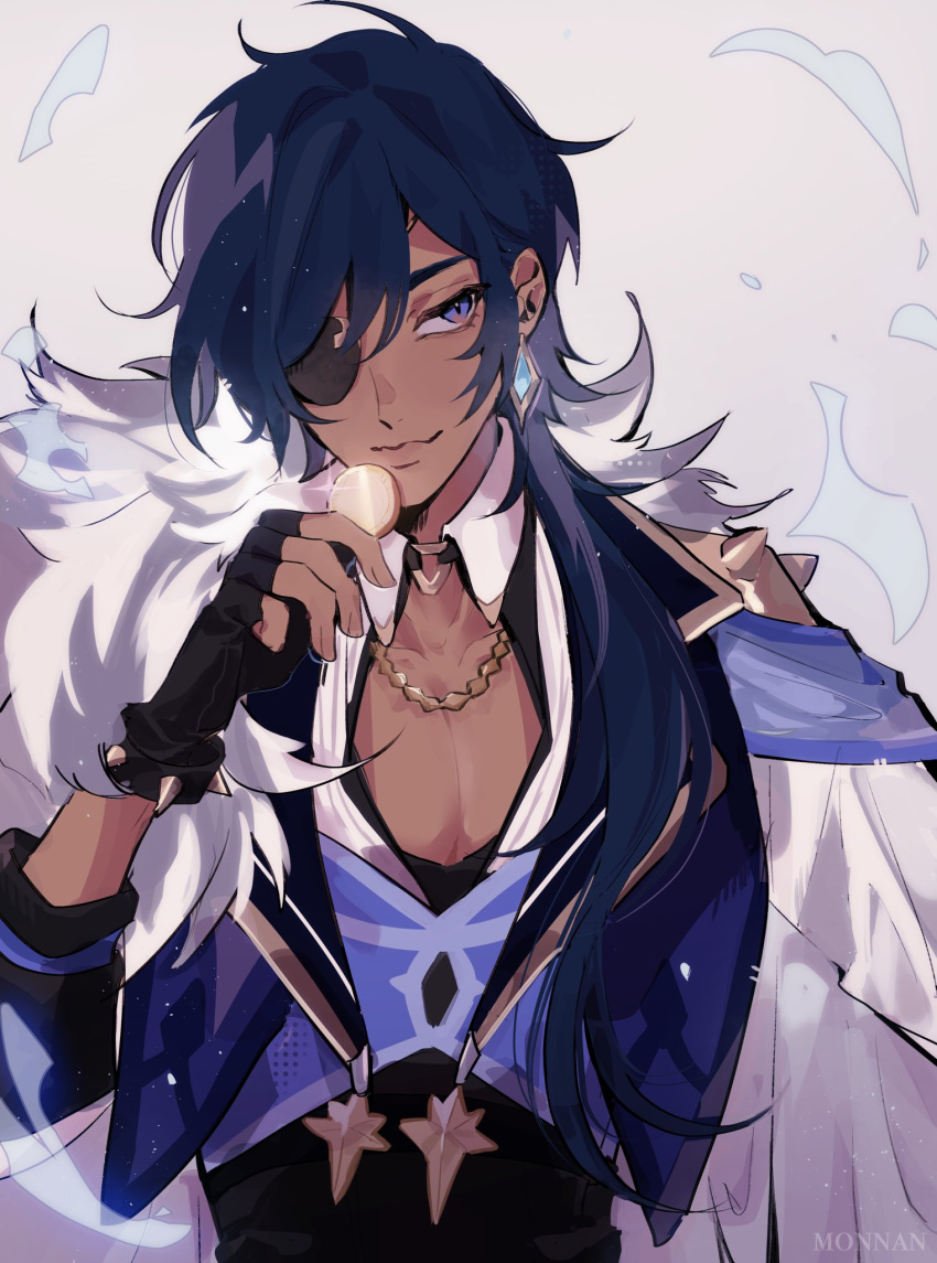 1boy, :3, armor, black_gloves, blue_eyes, blue_hair, cape, cleavage_cutout
