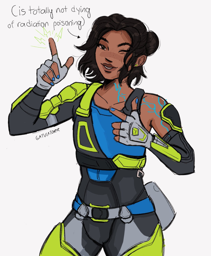1girl, apex_legends, artist_name, black_bodysuit, black_hair, blue_nails, blue_shirt, bodysuit