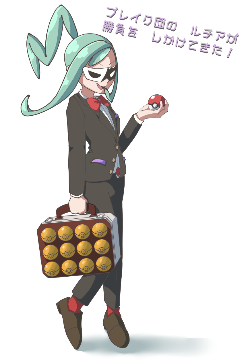 1girl, absurdres, bow, bowtie, briefcase, brown_footwear, collector_(pokemon), cosplay, full_body, green_hair, highres, holding, holding_briefcase, holding_poke_ball, lisia_(pokemon), mask, nmmnmmzk, poke_ball, poke_ball_(basic), pokemon, pokemon_masters_ex, pokemon_oras, red_bow, red_bowtie, simple_background, solo, team_break, translation_request, white_background