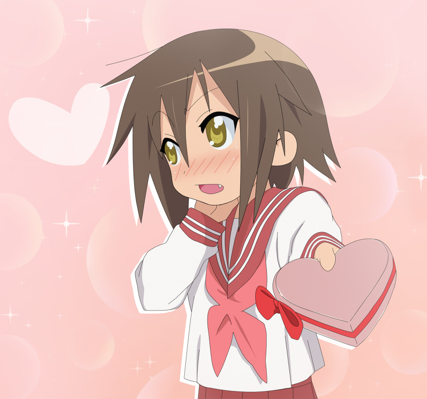1girl, blush, box, brown_hair, commentary, fang, hand_on_own_neck, heart, heart-shaped_box, highres, kusakabe_misao, long_sleeves, looking_to_the_side, lucky_star, meatball03, medium_hair, neckerchief, parted_lips, pink_background, pleated_skirt, red_neckerchief, red_sailor_collar, red_skirt, ryouou_school_uniform, sailor_collar, school_uniform, skirt, sleeve_cuffs, solo, sparkle_background, upper_body, valentine, yellow_eyes
