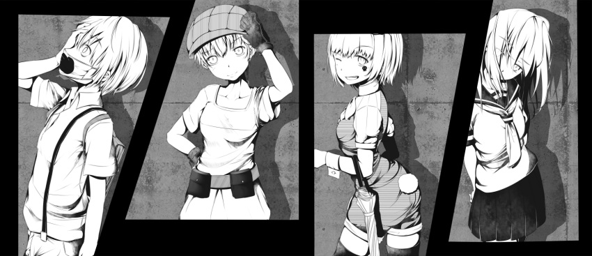 1boy, 3girls, arm_up, bare_arms, belt, belt_pouch, breasts, check_commentary
