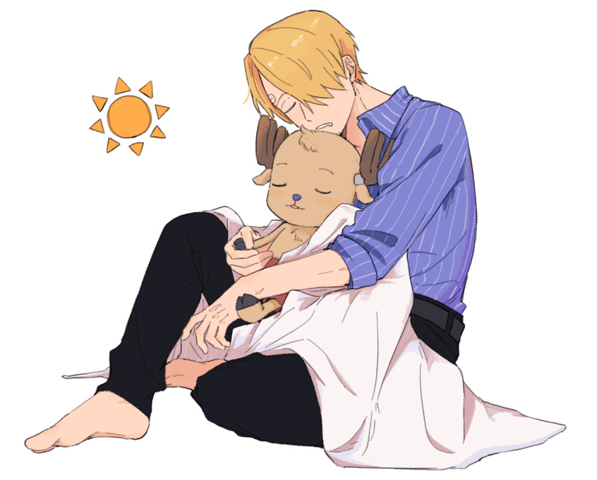 2boys, antlers, belt, black_pants, blanket, blonde_hair, blue_nose, blue_shirt