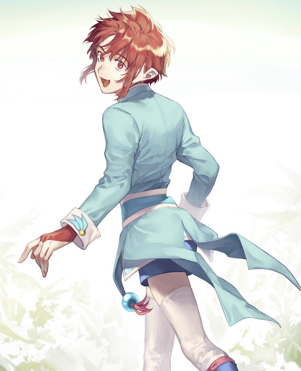 1boy, blue_coat, blue_shorts, bridal_gauntlets, brown_eyes, brown_hair, coat, commentary