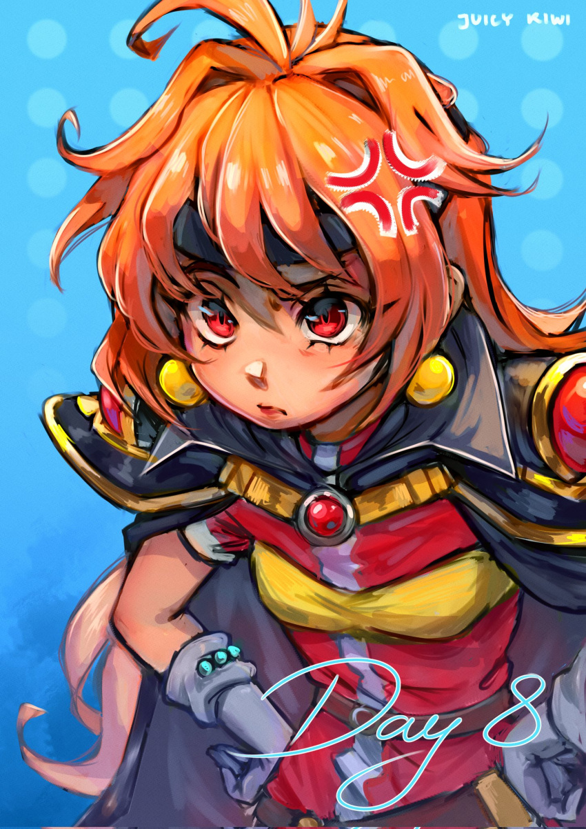 1girl, anger_vein, belt, black_cape, black_headband, blue_background, brown_belt, cape, clenched_hands, earrings, english_commentary, frown, gloves, grey_gloves, hair_behind_ear, headband, highres, jewelry, leaning_forward, lina_inverse, long_hair, orange_hair, red_eyes, red_shirt, shirt, slayers, solo, upper_body, very_long_hair, wiki_(juicykiwi)