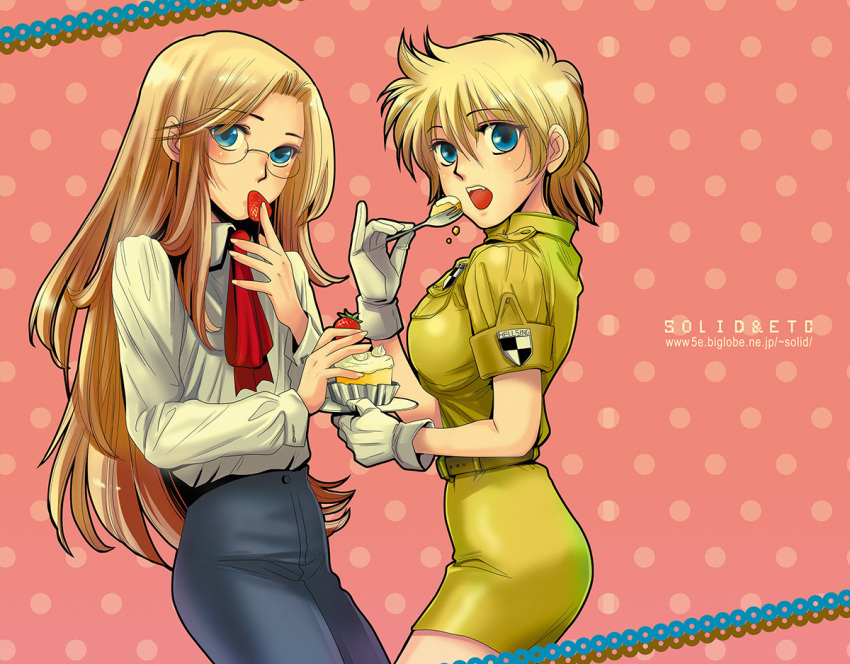 2girls, ascot, blonde_hair, blue_eyes, blue_pants, breasts, commentary_request, cupcake