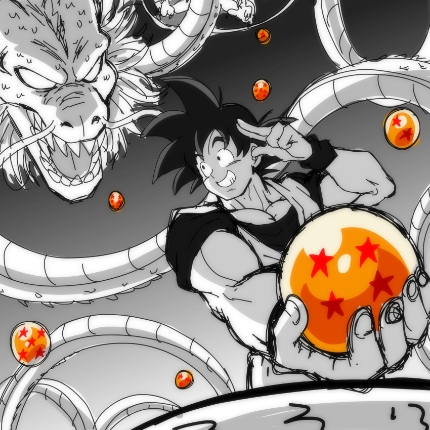 1boy, dougi, dragon, dragon_ball, dragon_ball_(object), dragon_ball_z, english_commentary, highres, holding_dragon_ball, lewdamone, looking_at_another, male_focus, muscular, muscular_male, partially_colored, sharp_teeth, shenron_(dragon_ball), shirt, smile, son_goku, spiky_hair, teeth, upper_body