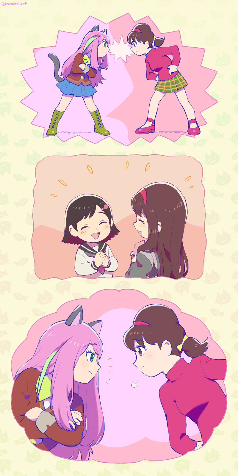 2girls, \||/, aged_down, animal_ears, blue_eyes, boots, brown_eyes, brown_hair
