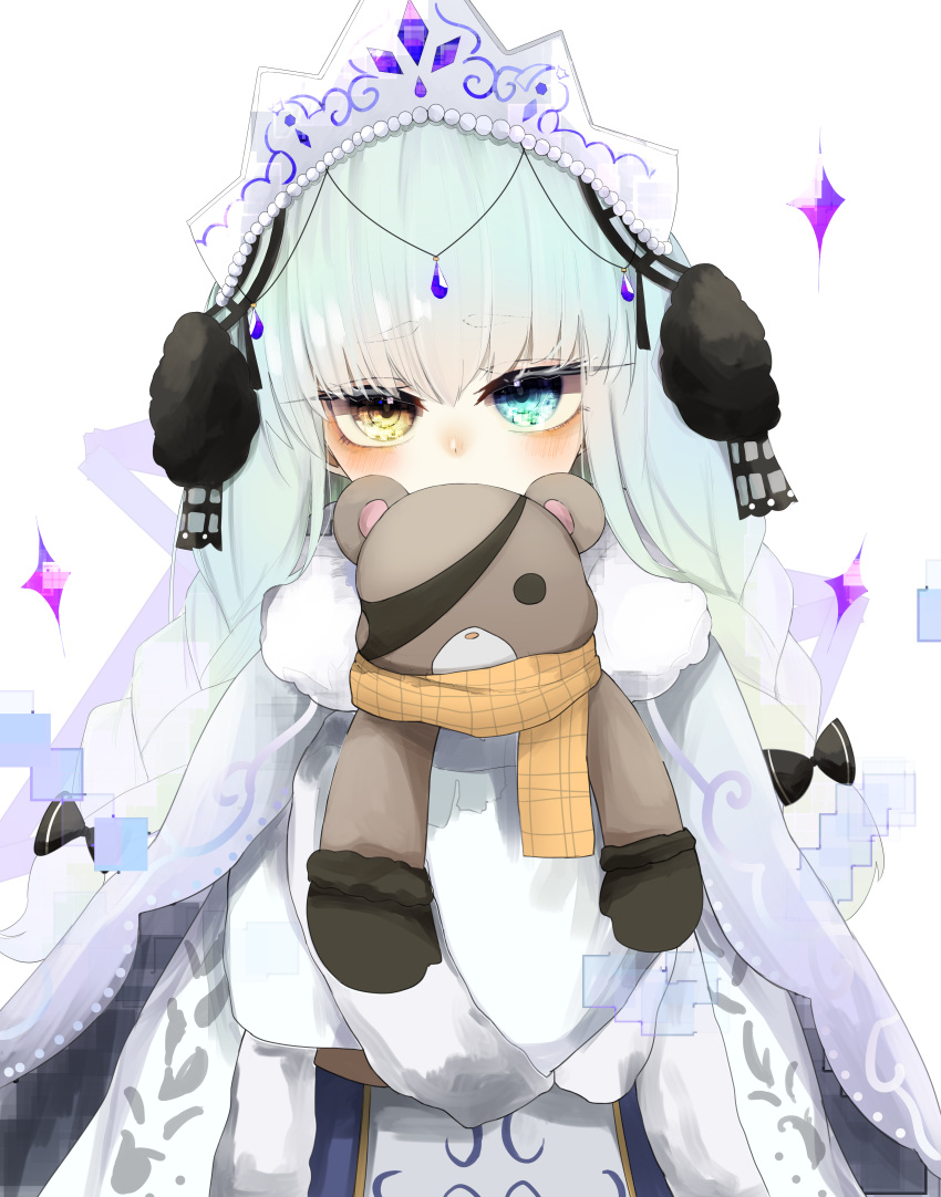 1girl, absurdres, alternate_costume, ash_arms, blue_hair, blunt_bangs, blush, dress, gem, hair_ornament, heterochromia, highres, hugging_object, kv-2_(ash_arms), light_blue_hair, looking_at_viewer, matsudai_d, scarf, simple_background, solo, sparkle, stuffed_animal, stuffed_toy, teddy_bear, tiara, white_background