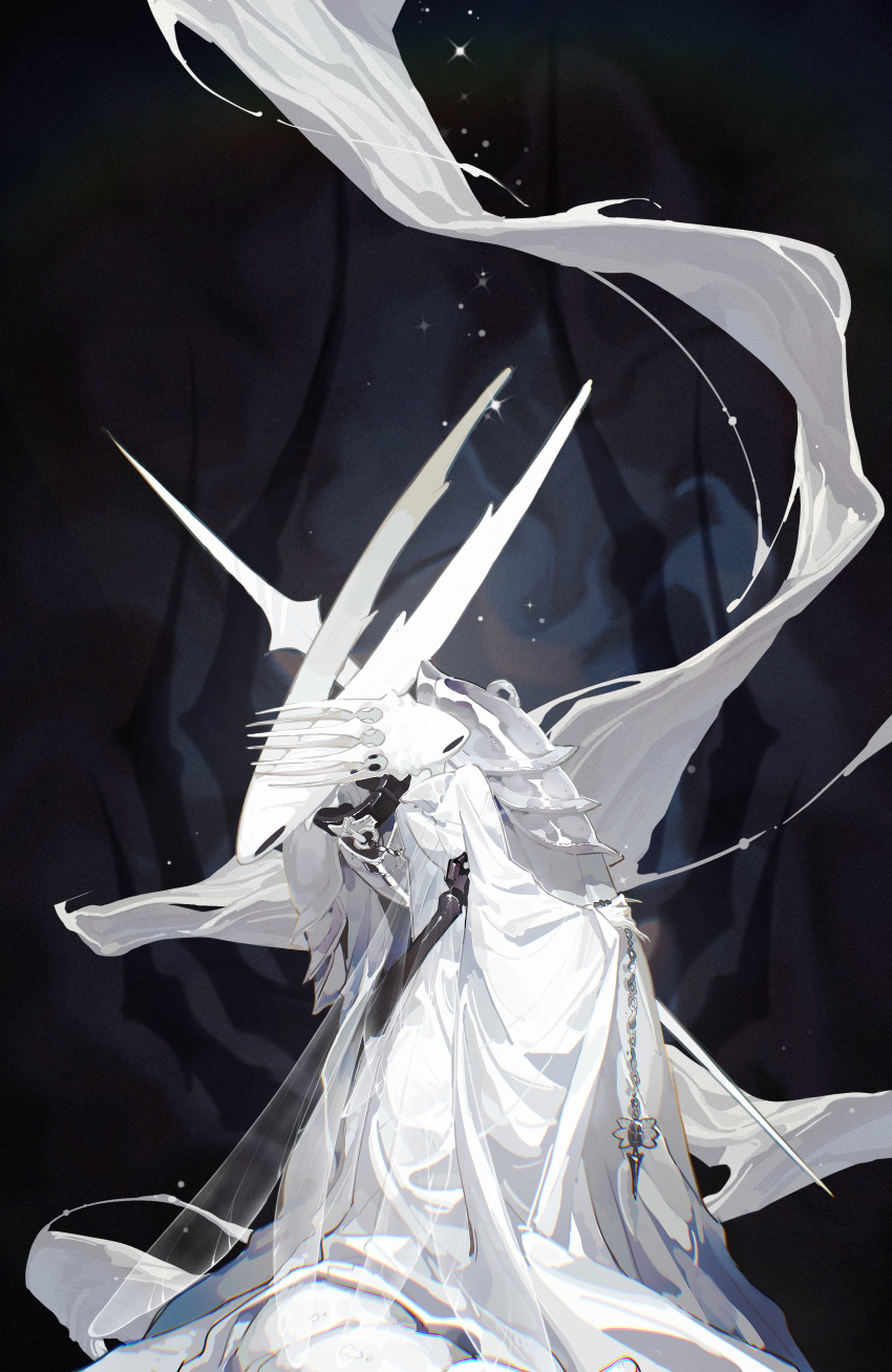 2others, absurdres, armor, body_armor, bozi_(labochushi), capelet, chain, chained, character_request, chinese_commentary, commentary_request, dress, gown, highres, holding, holding_leash, hollow_knight, hug, joints, leash, long_dress, multiple_others, multiple_wings, mutual_hug, pure_vessel, shoulder_armor, transparent_wings, white_armor, white_capelet, white_dress, wings
