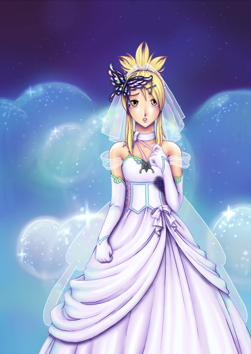 blonde_hair, blush, bridal_veil, butterfly, dress, elbow_gloves, gloves, hair_ornament
