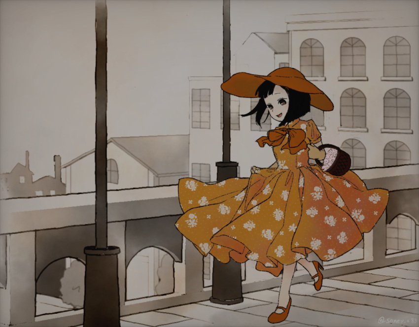 1girl, aged_up, alternate_costume, basket, blunt_ends, bob_cut, bow, bridge
