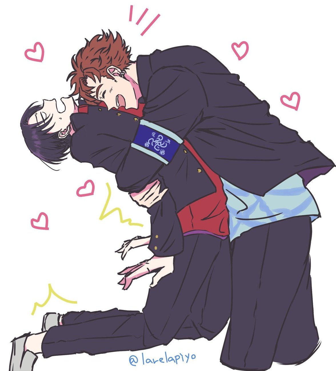 2boys, armband, asamine_matakara, black_hair, black_jacket, blue_shirt, blush, brown_hair, bucchigiri?!, gakuran, heart, highres, hug, jacket, larelapiyo, long_sleeves, male_focus, multiple_boys, open_mouth, red_eyes, red_shirt, school_uniform, shirt, simple_background, smile, tomoshibi_arajin, twitter_username, white_background