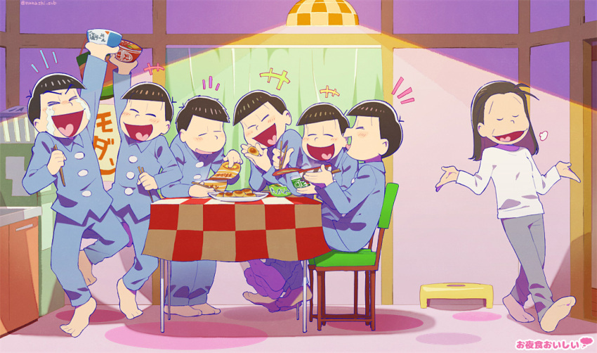+++, 1girl, 6+boys, alternate_costume, arm_up, barefoot, brothers, celebration