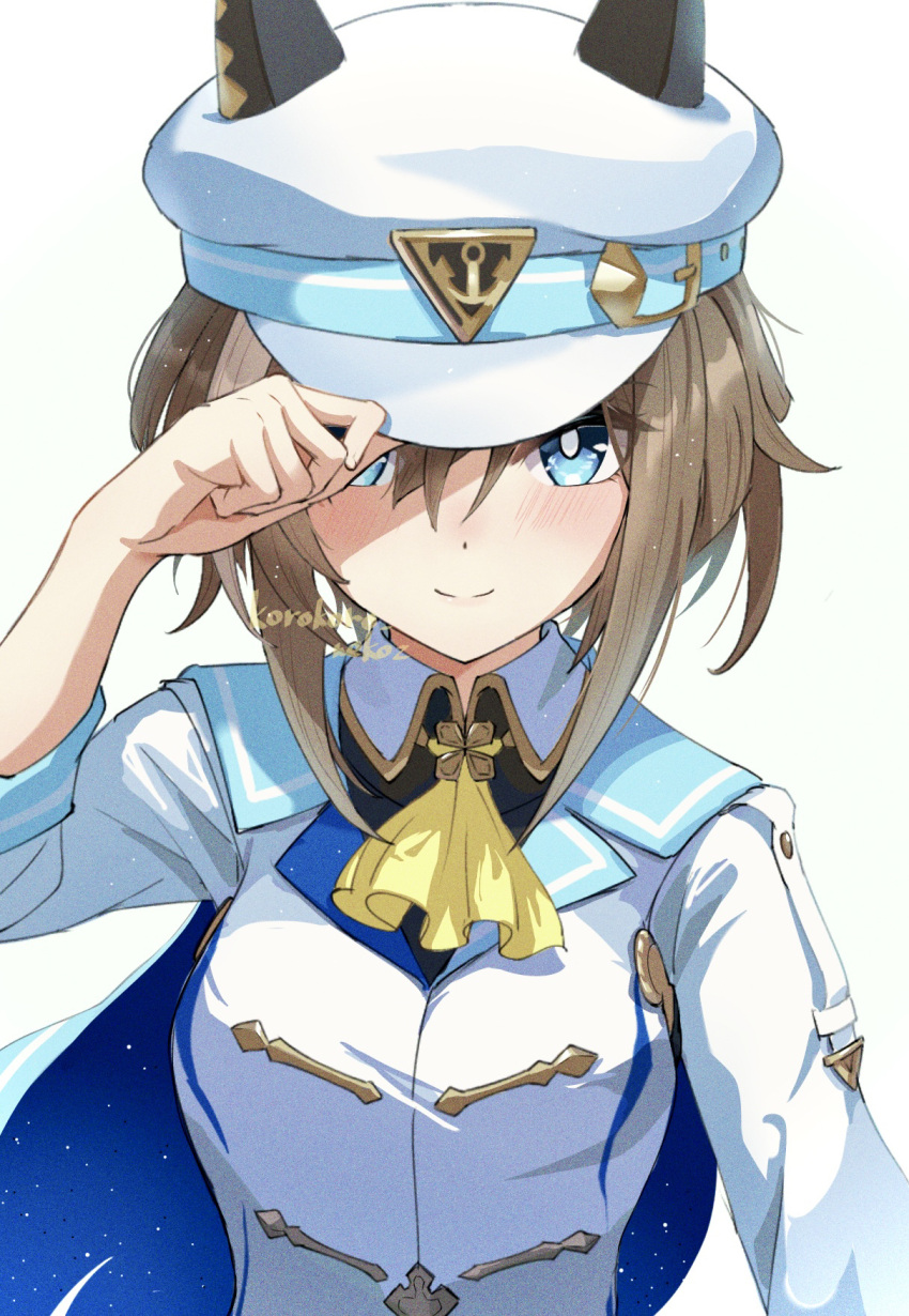 1girl, adjusting_clothes, adjusting_headwear, blue_eyes, blush, breasts, brown_hair, cape