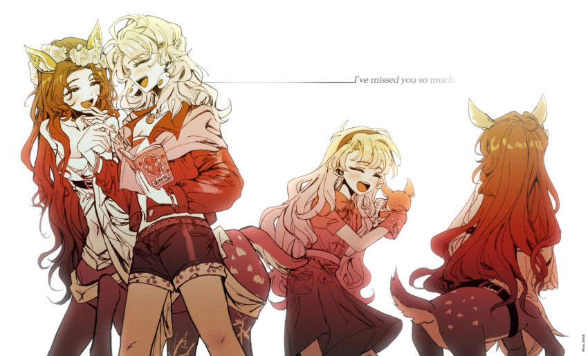 2girls, animal_ears, animal_puppet, blonney, centauroid, closed_eyes, cowboy_shot, curly_hair