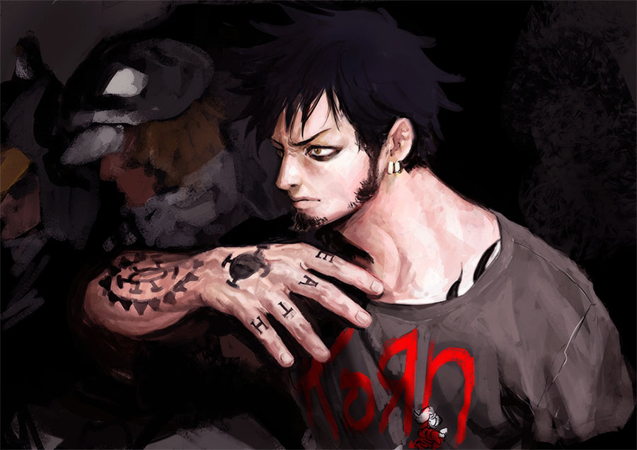 3boys, arm_tattoo, black_hair, black_shirt, brown_hair, chest_tattoo, chief_(chiefvinsmoke), closed_mouth