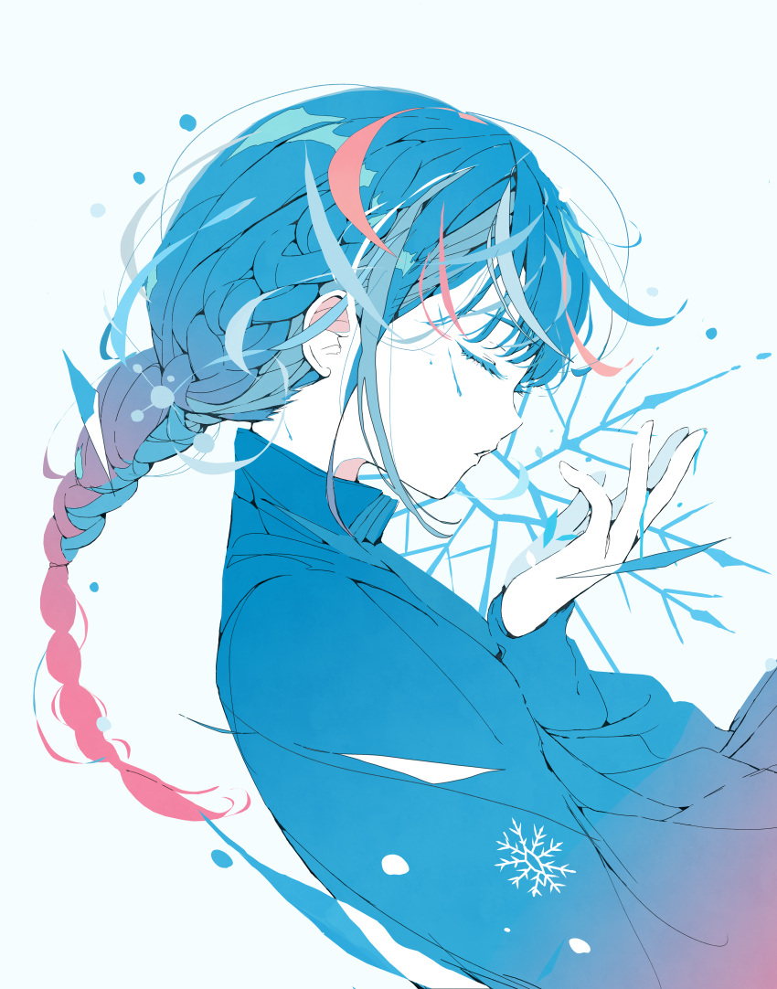 1girl, absurdres, arm_at_side, blue_hair, blue_shirt, closed_eyes, colored_skin, dutch_angle