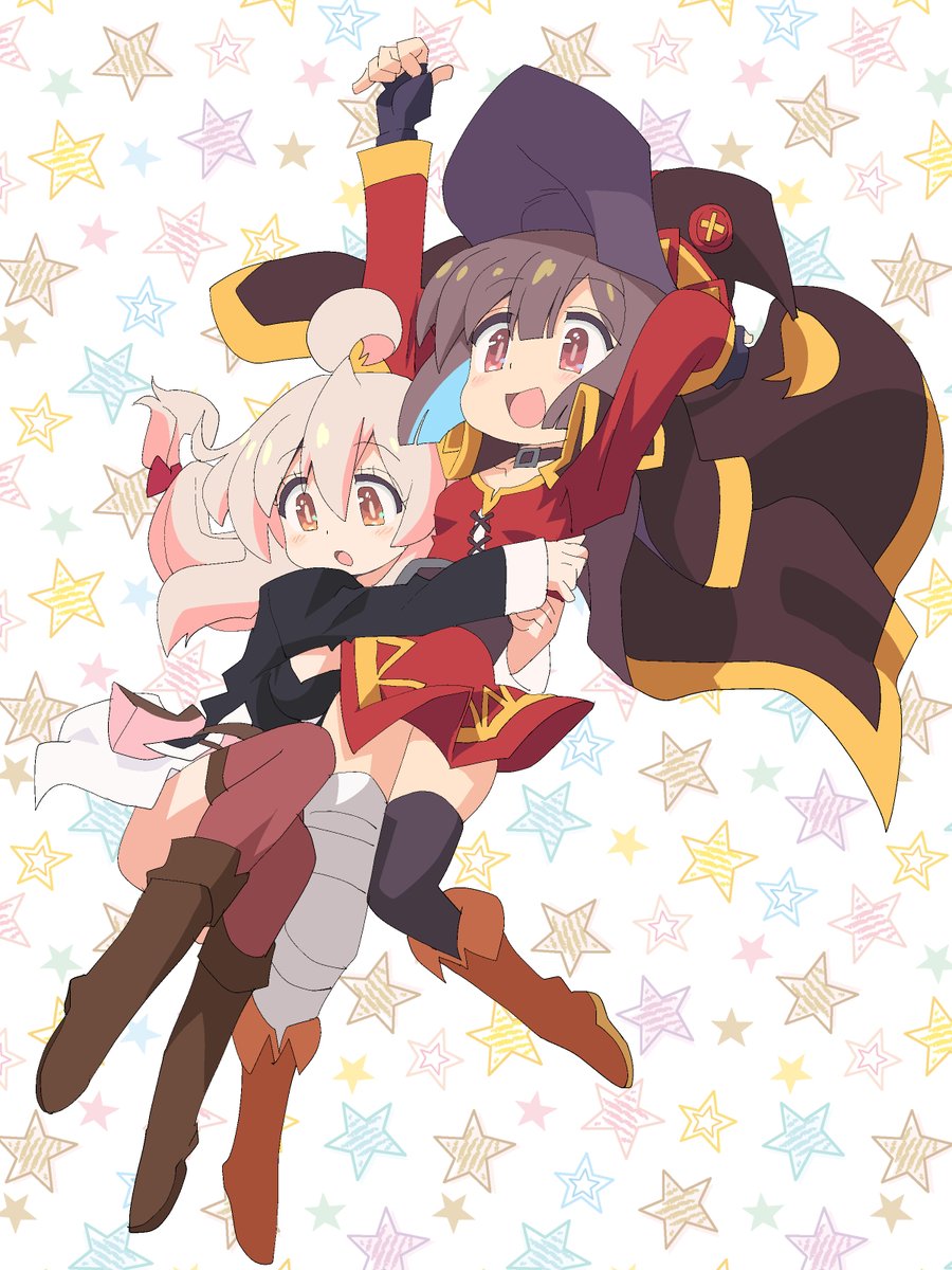 2girls, :d, ahoge, arms_up, bandaged_leg, bandages, belt, black_cape