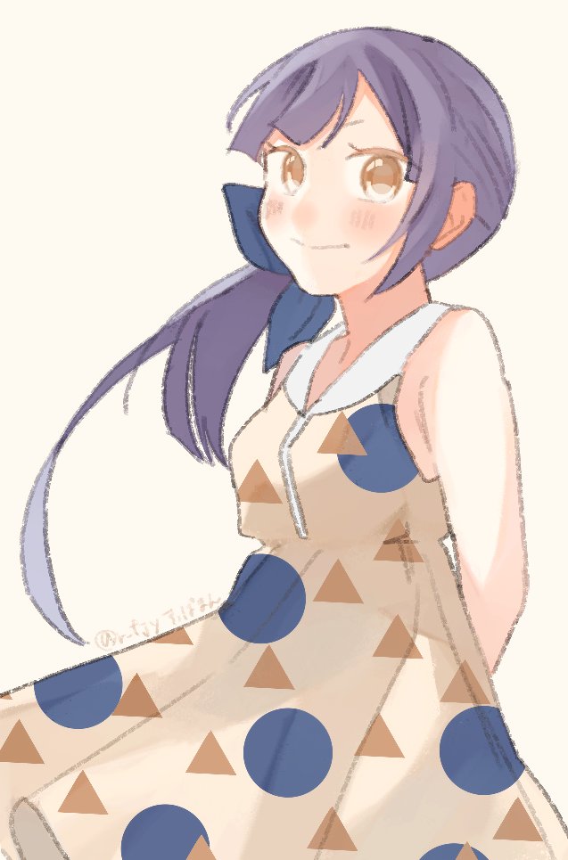 1girl, arms_behind_back, blue_ribbon, circle_print, cut_bangs, dress, fujinami_(kancolle), hair_ribbon