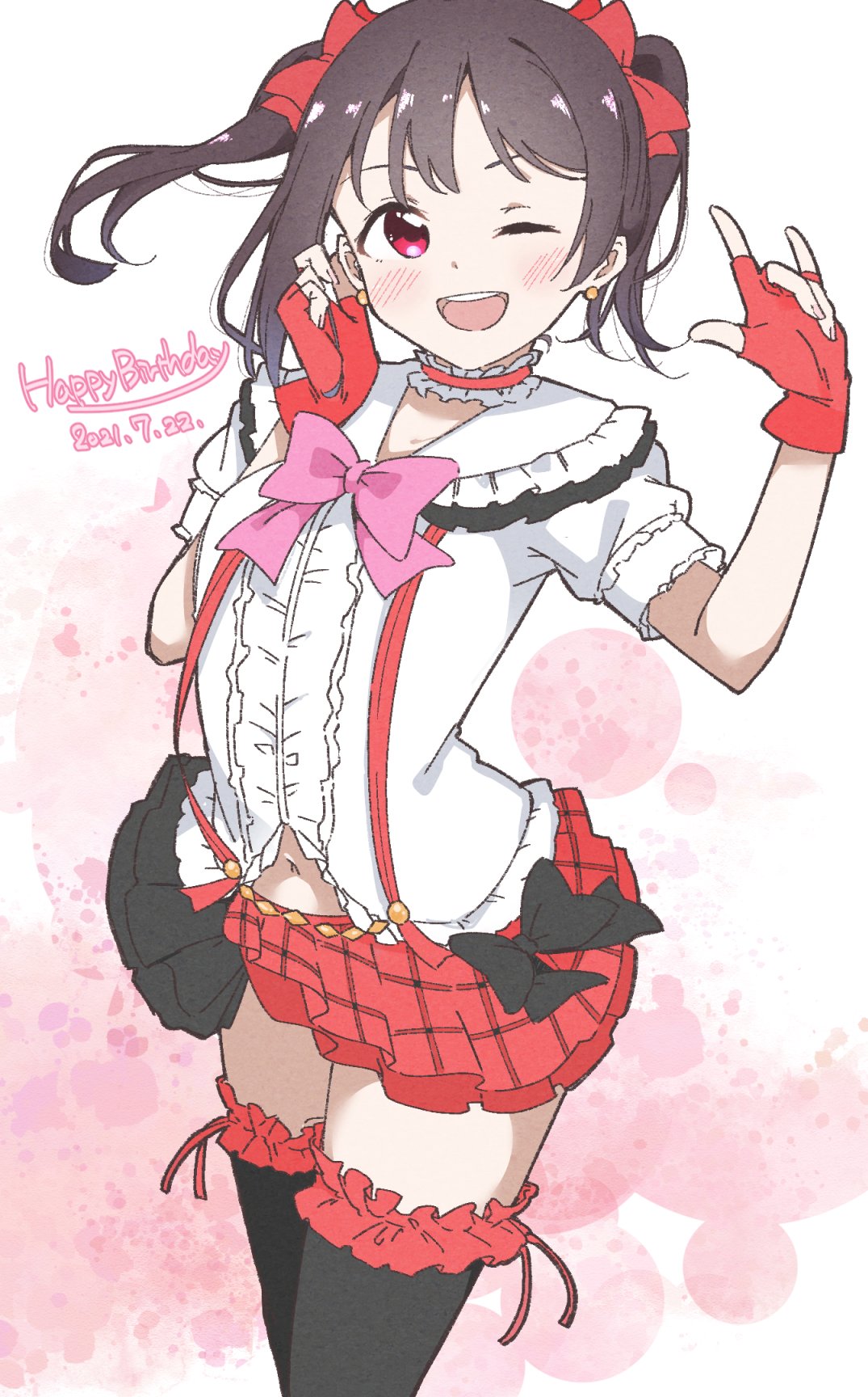 1girl, \m/, black_hair, black_skirt, black_thighhighs, blush, bow, bowtie