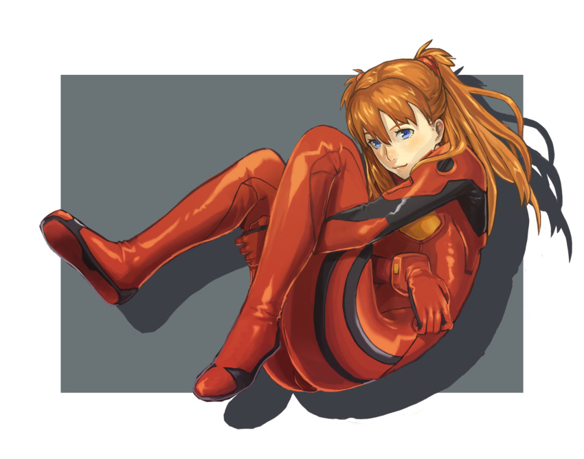 bodysuit, brown_hair, fetal_position, korosuke1, leg_hug, neon_genesis_evangelion, plugsuit, shikinami_asuka_langley, skin_tight, smile, solo, souryuu_asuka_langley