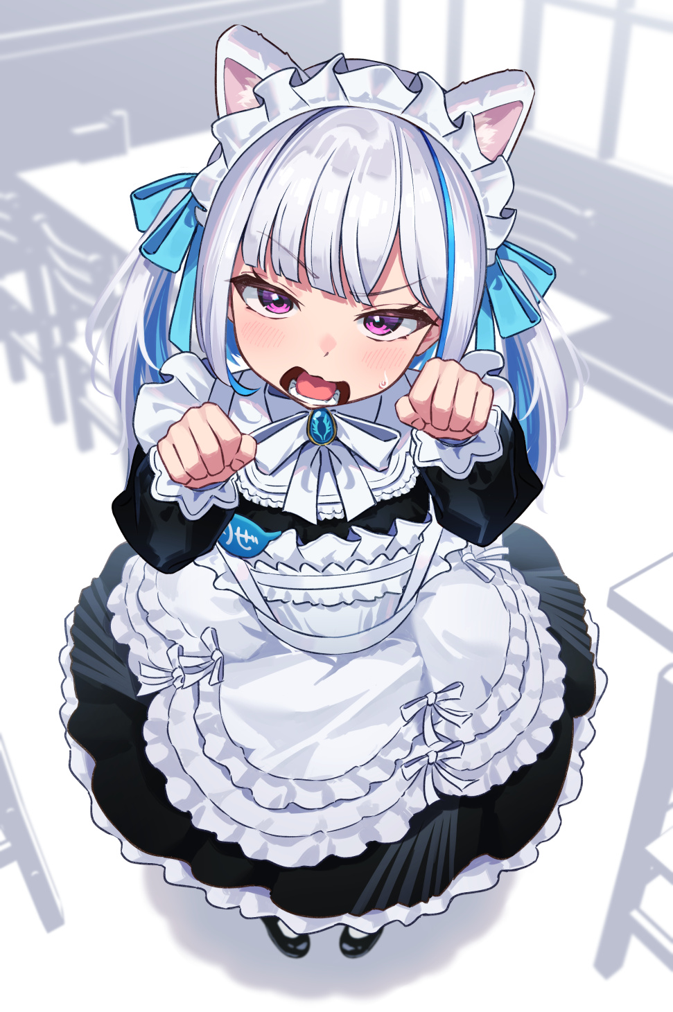 1girl, animal_ears, apron, aqua_ribbon, black_dress, blue_hair, blush, dress, frilled_apron, frills, hair_ribbon, highres, lize_helesta, long_hair, long_sleeves, looking_at_viewer, maid, maid_headdress, multicolored_hair, name_tag, nijisanji, open_mouth, paw_pose, pink_eyes, ribbon, shin_toro, solo, standing, sweat, twintails, virtual_youtuber, white_apron, white_hair