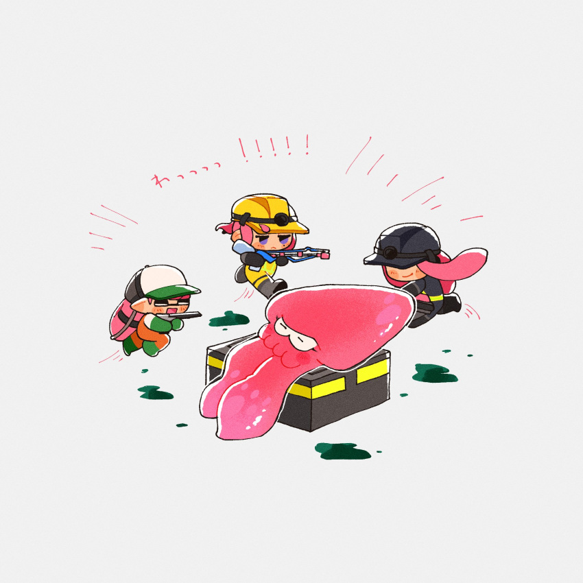 !, 1boy, 2girls, baseball_cap, dread_wringer_(splatoon), emphasis_lines, full_body, gun