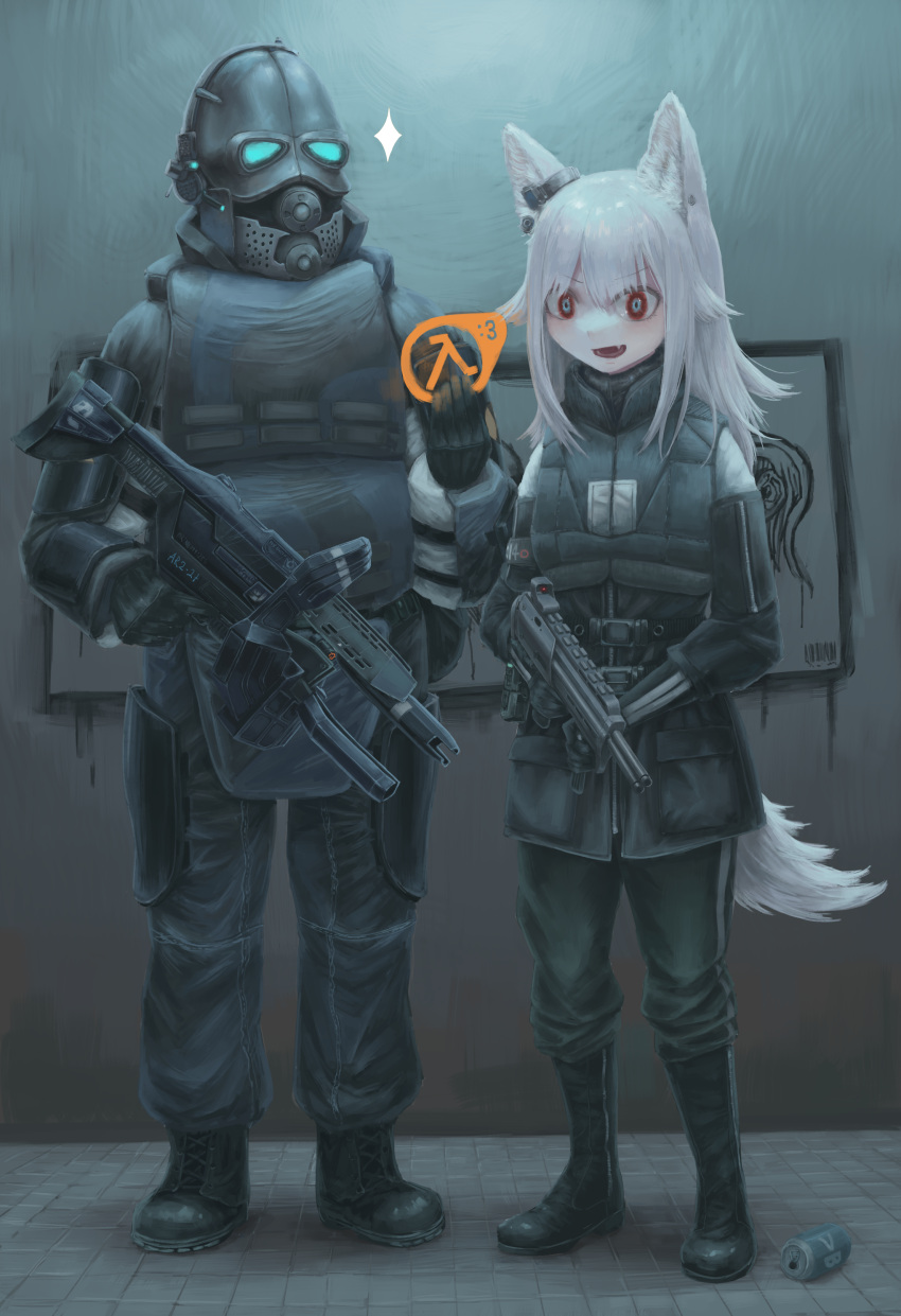 1boy, 1girl, absurdres, animal_ear_fluff, animal_ears, black_footwear, black_gloves, body_armor, boots, can, combine_soldier, diu9you, gloves, grey_pants, gun, h&amp;k_mp7, half-life_(series), half-life_2, heckler_&amp;_koch, highres, long_hair, original, pants, red_eyes, submachine_gun, tail, tile_floor, tiles, weapon, white_hair, wolf_ears, wolf_tail