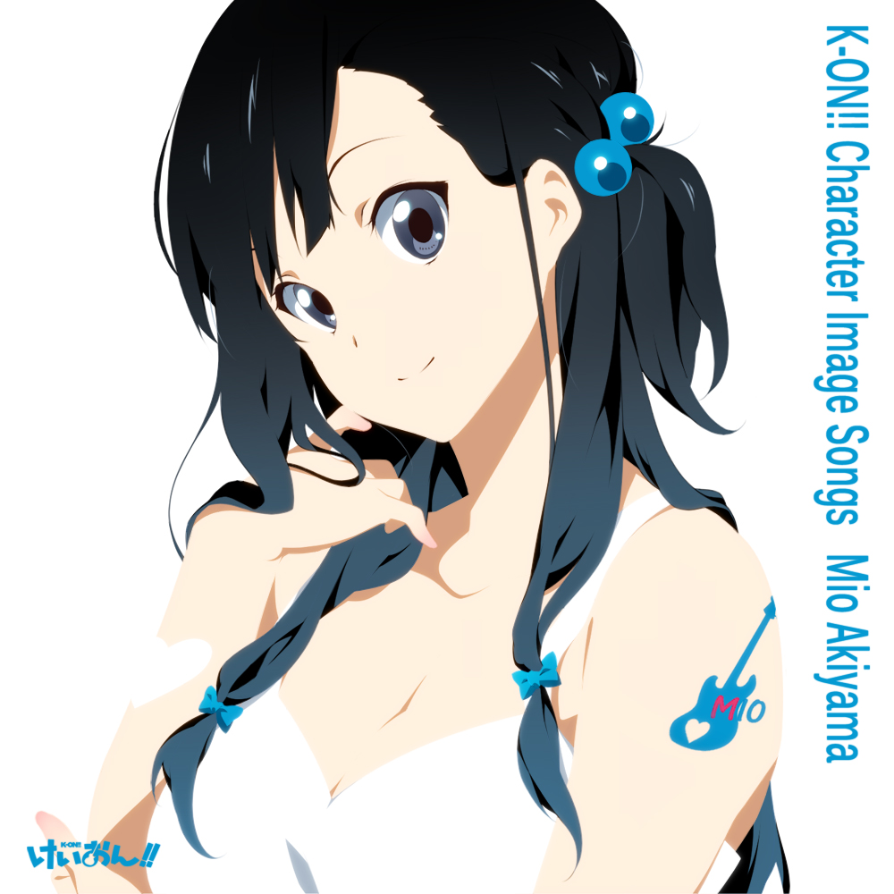 album_cover, black_eyes, black_hair, breasts, bust, cleavage, cover, hair_bobbles, hair_ornament, head_tilt, k-on!, long_hair, nanao, simple_background, smile, solo