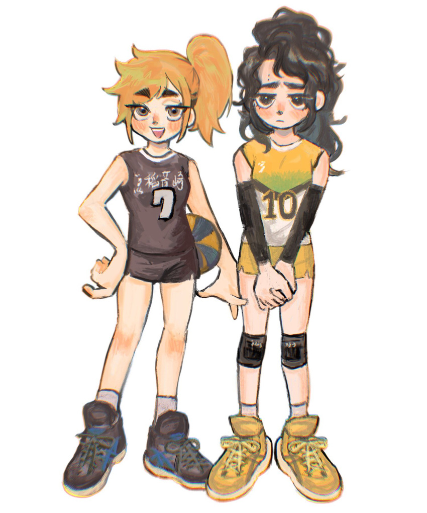 2girls, bandage_on_knee, black_eyes, black_footwear, black_hair, black_shirt, black_shorts, closed_mouth