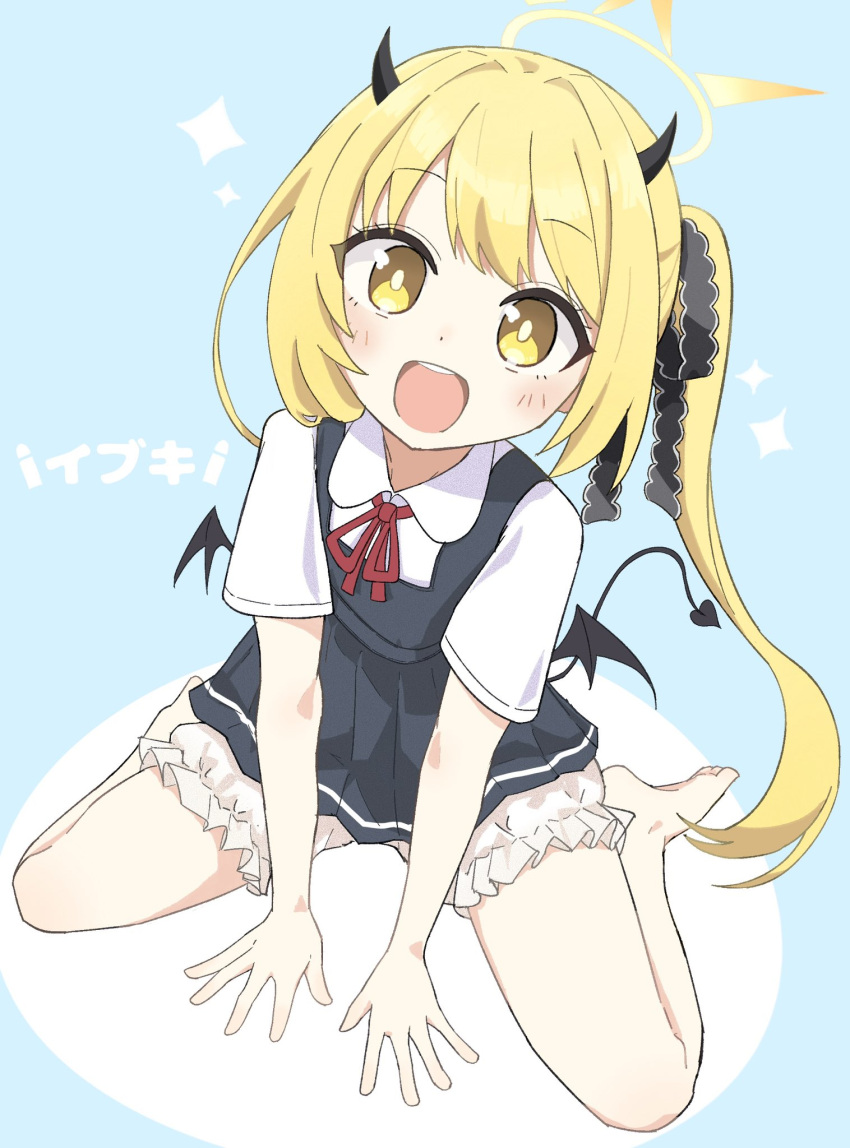 1girl, black_dress, black_horns, black_tail, black_wings, blonde_hair, bloomers, blue_archive