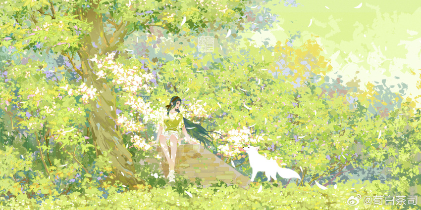 1girl, bare_arms, bare_legs, barefoot, black_hair, brick, dress, flower, grass, green_dress, green_theme, highres, long_hair, original, outdoors, sitting, solo, stairs, tree, very_long_hair, weibo_logo, weibo_username, wide_shot, wolf, xunbaichasi