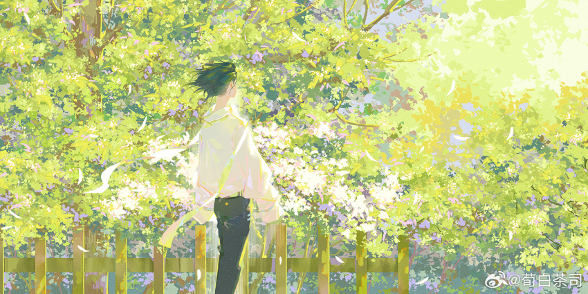 1boy, black_hair, black_pants, chinese_commentary, collared_shirt, day, feet_out_of_frame, fence