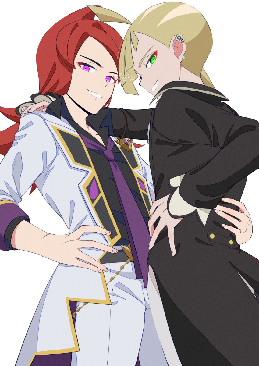 2boys, black_coat, black_shirt, blonde_hair, buttons, coat, collared_shirt, commentary_request, gladion_(pokemon), gladion_(sygna_suit)_(pokemon), green_eyes, grin, hand_on_own_hip, highres, long_hair, long_sleeves, looking_down, male_focus, mocacoffee_1001, multiple_boys, necktie, official_alternate_costume, open_clothes, open_coat, pants, pink_eyes, pokemon, pokemon_masters_ex, purple_necktie, redhead, shirt, silver_(champion)_(pokemon), silver_(pokemon), smile, teeth, white_coat, white_pants