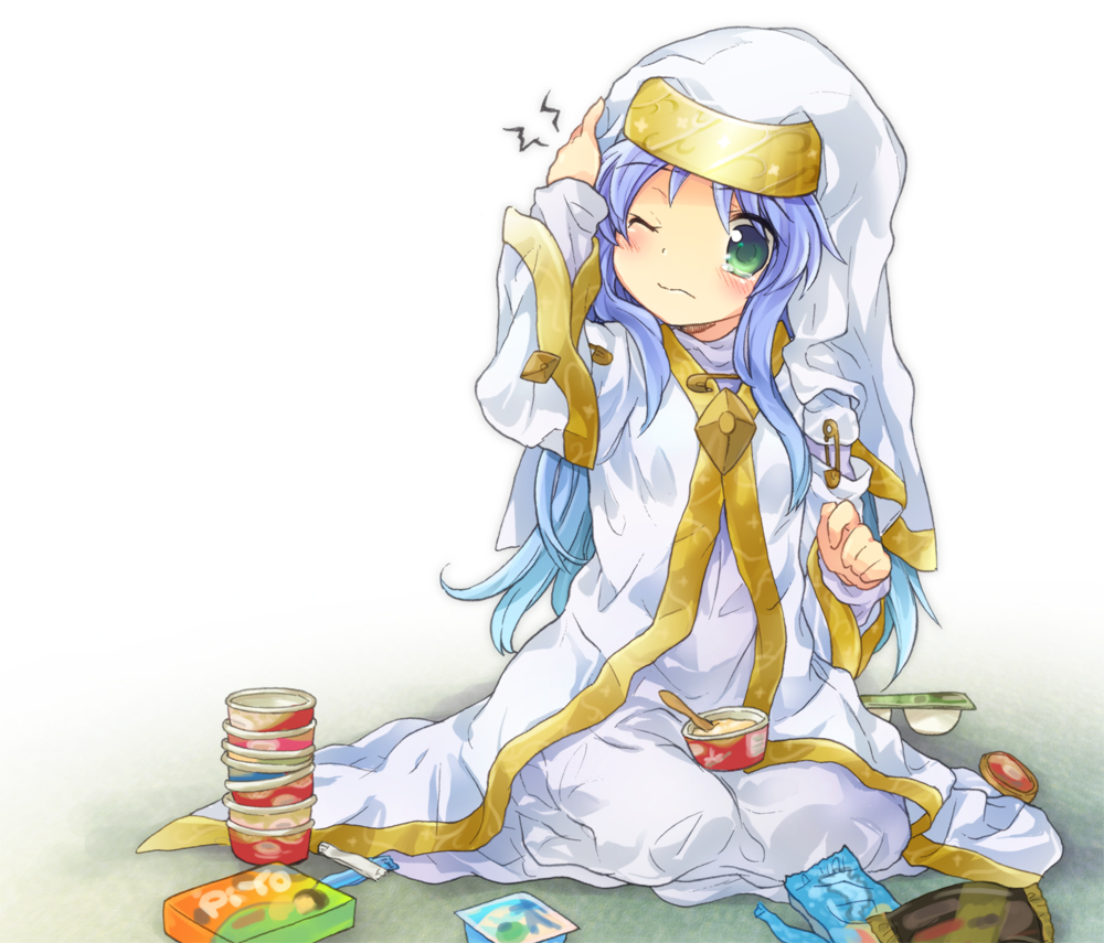 blush, eyes, food, green_eyes, habit, headache, holding_head, ice_cream