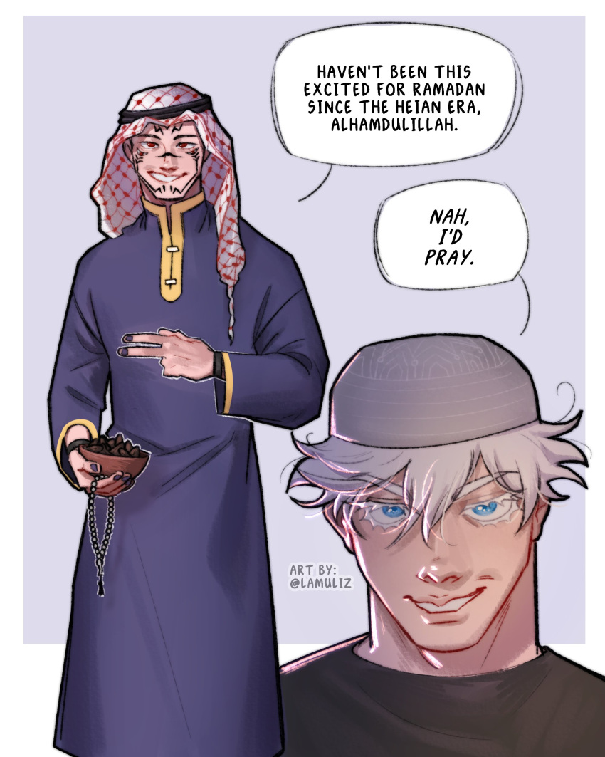 2boys, absurdres, black_nails, blue_eyes, english_text, facial_tattoo, gojou_satoru, highres, jujutsu_kaisen, lamuliz, looking_at_viewer, male_focus, meme, multiple_boys, nah_i'd_win_(meme), ramadan, red_eyes, ryoumen_sukuna_(jujutsu_kaisen), speech_bubble, tattoo, v, white_hair
