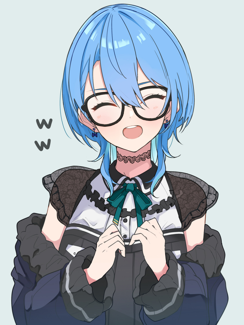 1girl, ^_^, alternate_hair_length, alternate_hairstyle, bespectacled, black-framed_eyewear, black_choker, black_dress, blue_hair, bow, bow_earrings, choker, closed_eyes, collared_dress, commentary_request, dress, earrings, facing_viewer, glasses, green_ribbon, grey_background, hair_between_eyes, hands_up, haseneko, highres, hololive, hoshimachi_suisei, hoshimachi_suisei_(streetwear), jewelry, lace, lace_choker, lace_sleeves, long_sleeves, neck_ribbon, off_shoulder, official_alternate_costume, open_mouth, quilted_jacket, ribbon, short_hair, short_sleeves, simple_background, smile, solo, spoken_www, teeth, upper_body, upper_teeth_only, virtual_youtuber