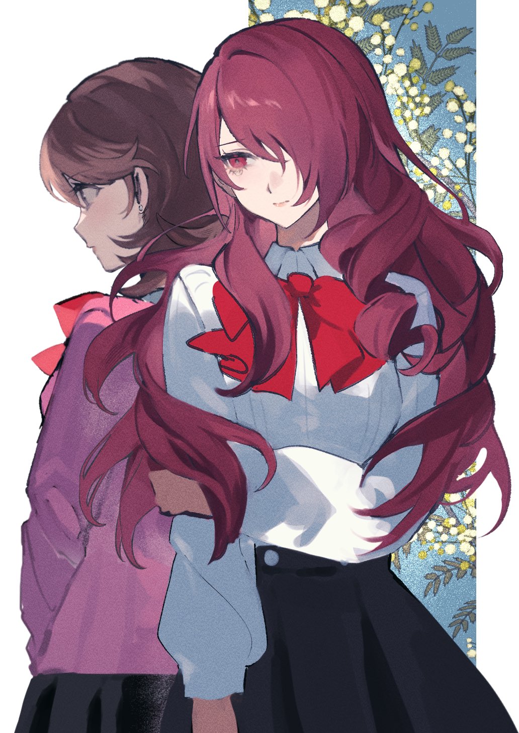 2girls, averting_eyes, brown_eyes, brown_hair, earrings, grabbing_own_arm, hair_over_one_eye, highres, jewelry, kirijou_mitsuru, long_hair, m0rtalcoil0, multiple_girls, persona, persona_3, pleated_skirt, red_eyes, redhead, ribbon, sad, school_uniform, short_hair, skirt, takeba_yukari
